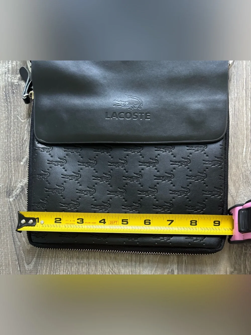 Lacoste Black Embossed Leather Messenger Bag